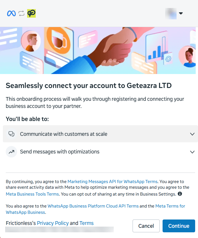 Meta window: Seamlessly connect your account to Geteazra LTD, with a Continue button