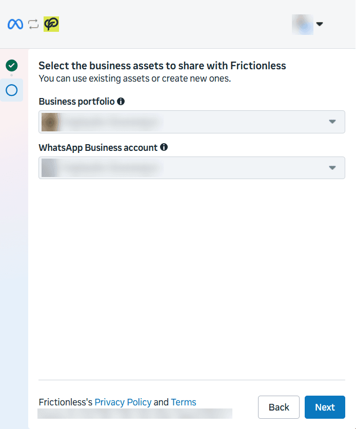 Meta window: Select the business assets to share with Frictionless