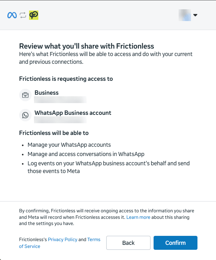 Meta window: Review what you'll share with Frictionless, with a Confirm button